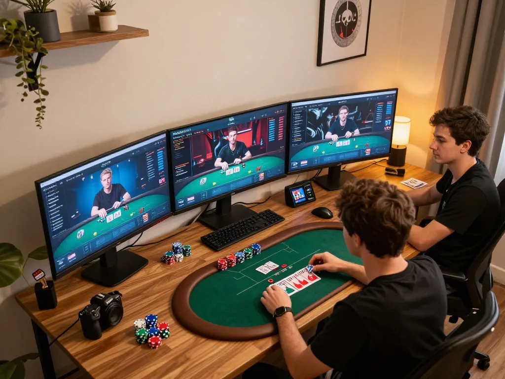 KADAL778 player engaged in strategic poker gameplay from a stylish gaming setup at home