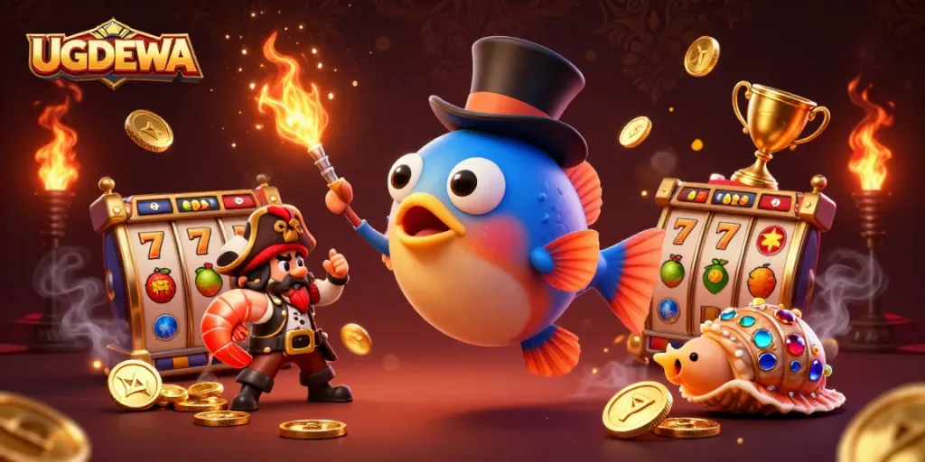 Engage with UGDEWA's vibrant online casino scene featuring lively characters and dynamic slot game elements.