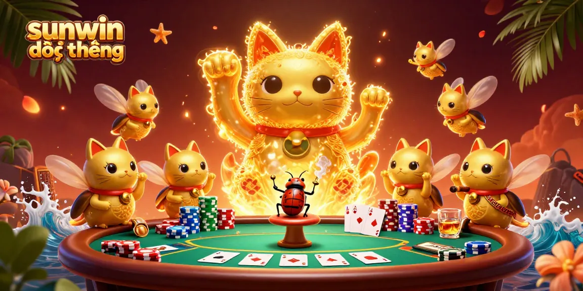 Engage in sunwin đổi thưởng with a vivacious lucky cat surrounded by poker excitement.