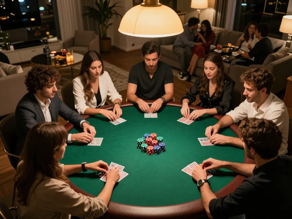 Exciting poker game session with friends showcasing Net88-themed betting chips and cards in a cozy home.