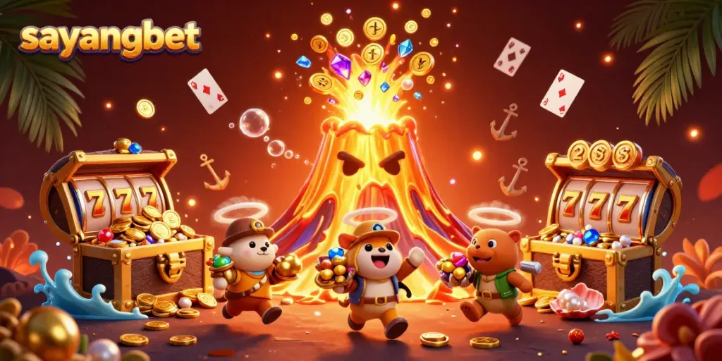 Experience thrilling wins with sayangbet's casino adventure, featuring a golden volcano and treasures.