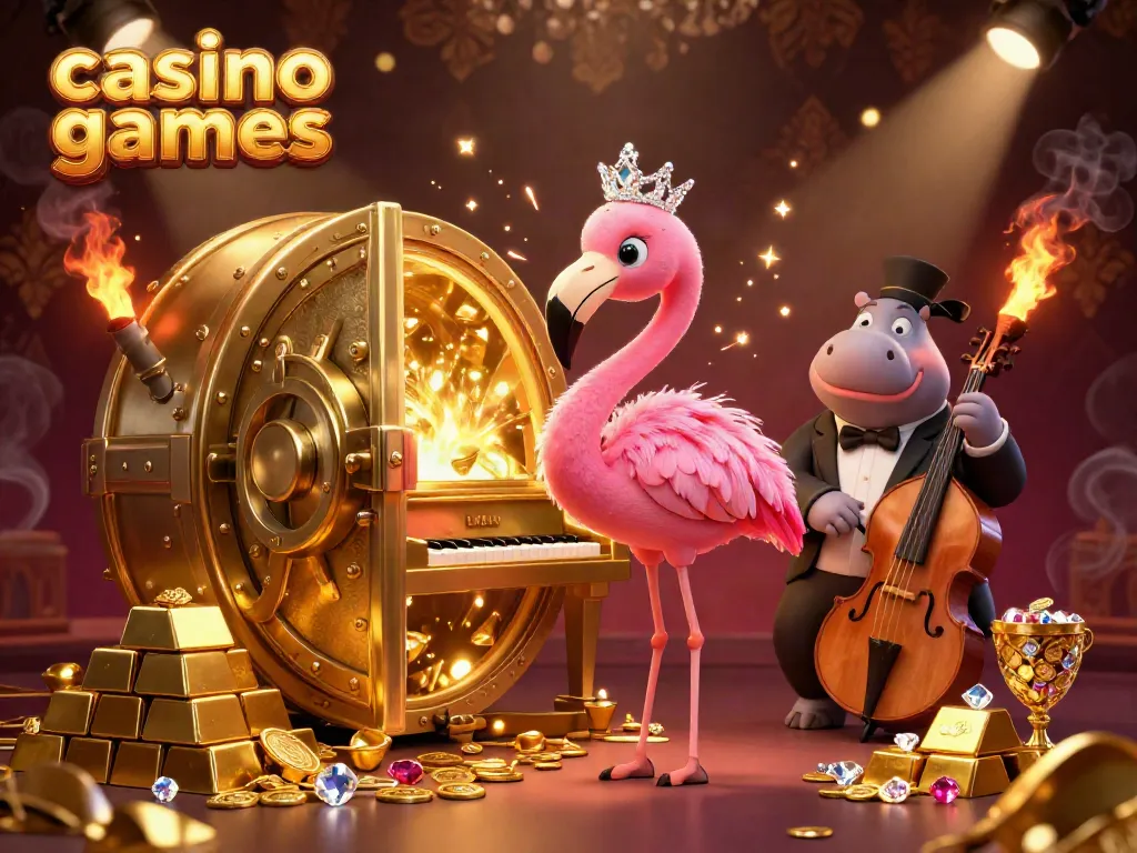 Experience thrilling casino games with a vibrant scene of a flamingo singer and hippo bassist surrounded by treasures.