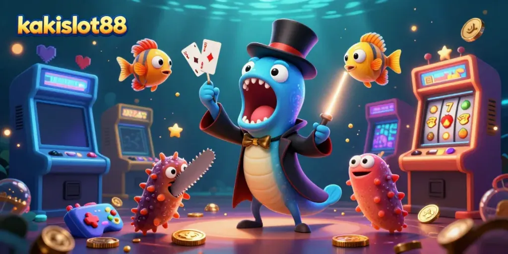 Menangkan jackpot di kakislot88 dengan ilustrasi kasino penuh warna dan karakter menarik.