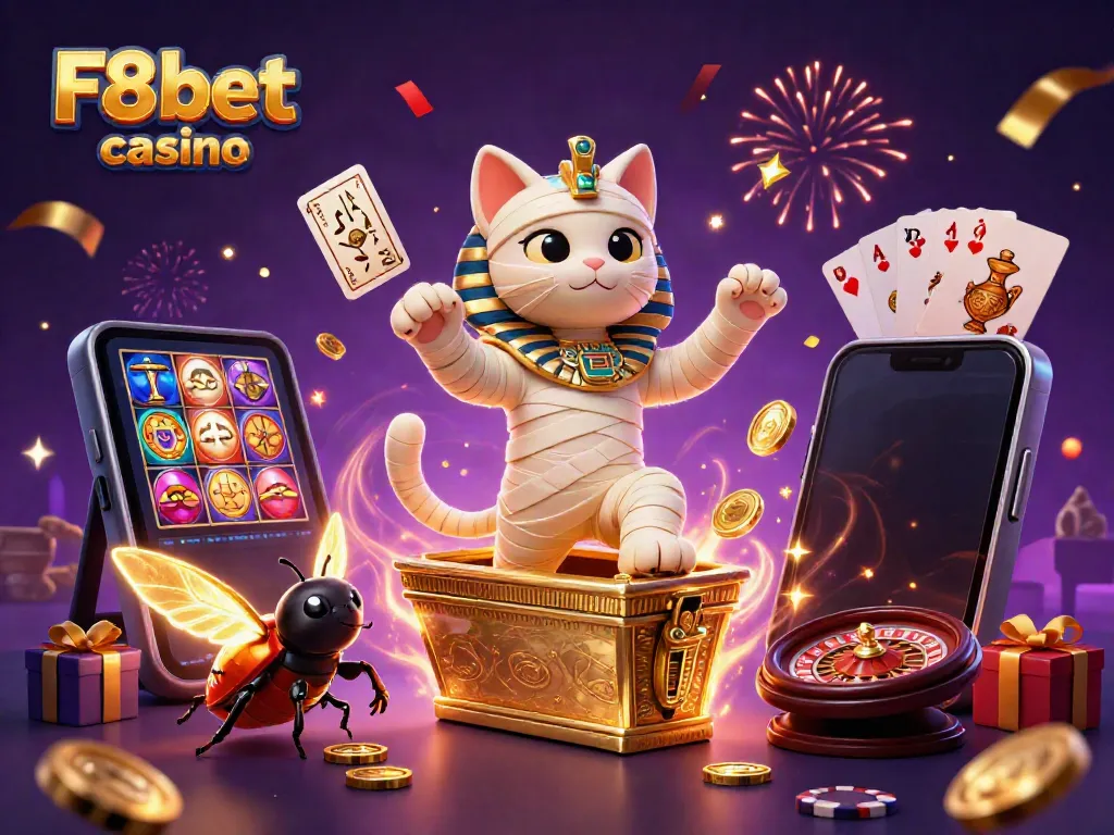 Experience the thrill of F8bet casino with an energetic illustration of a mummy cat and scarab, celebrating wins.