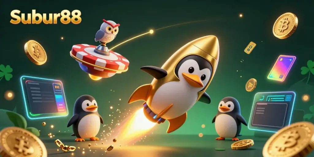 Gambarlah Subur88 dengan penguin emas meluncur ke stasiun kasino, dikelilingi koin bitcoin.