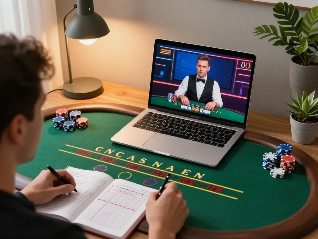 Player enjoying live dealer blackjack game on tr88 platform with strategic notes nearby