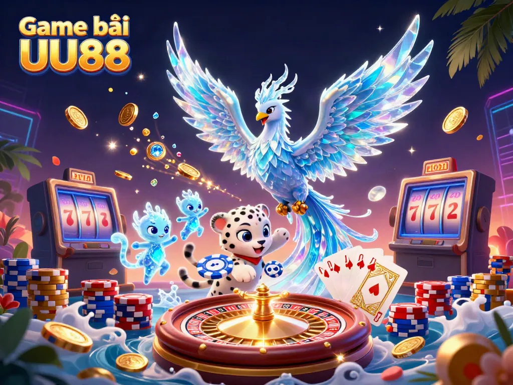 Engage with Game bài UU88 in this vibrant 3D illustration showcasing exciting casino elements.