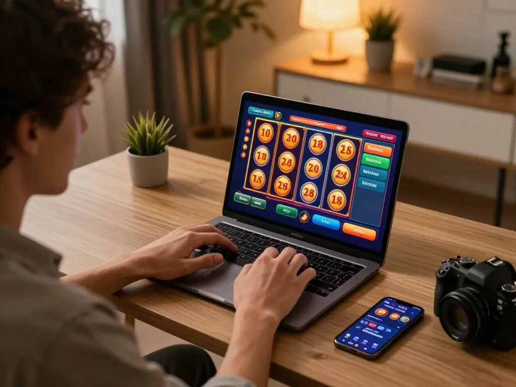 Playing exciting toto slot games online with vibrant visuals on a laptop in a cozy home setup.