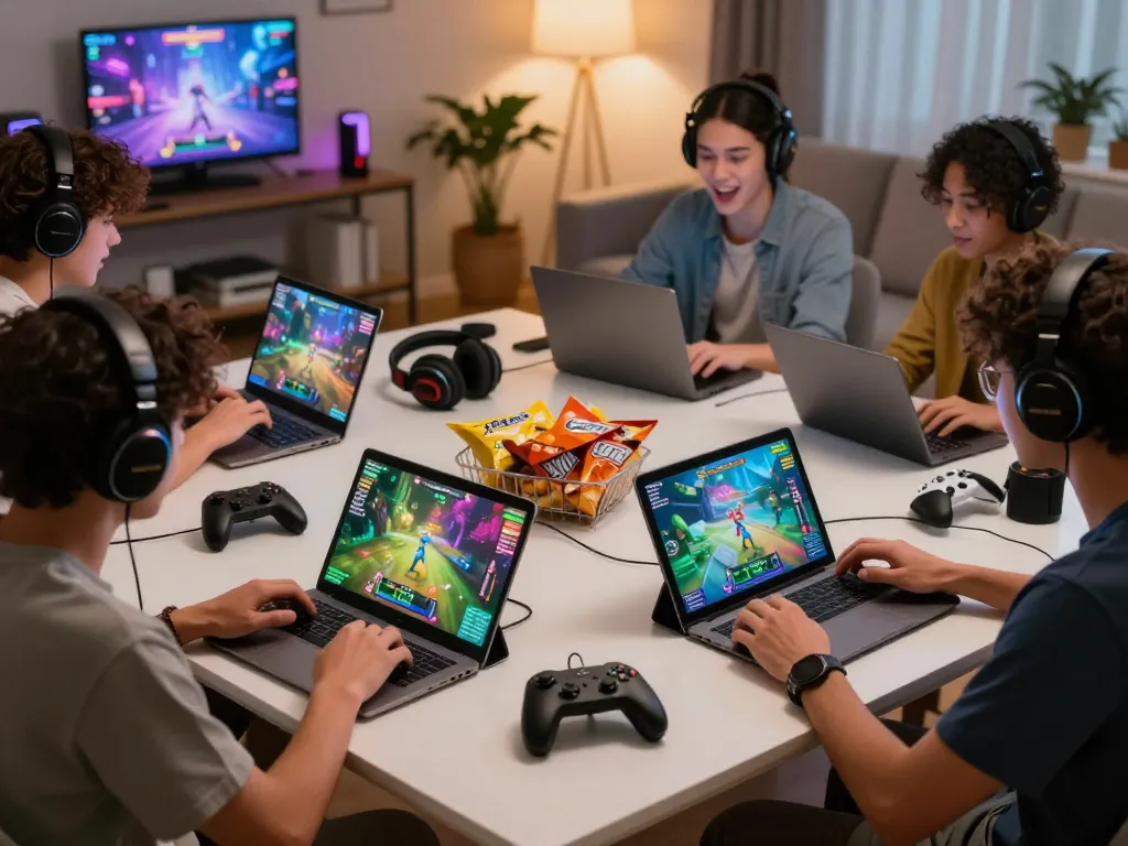 Online gaming excitement at https://swiftvibe.in.net/ with diverse players enjoying digital games in a lively home setting.