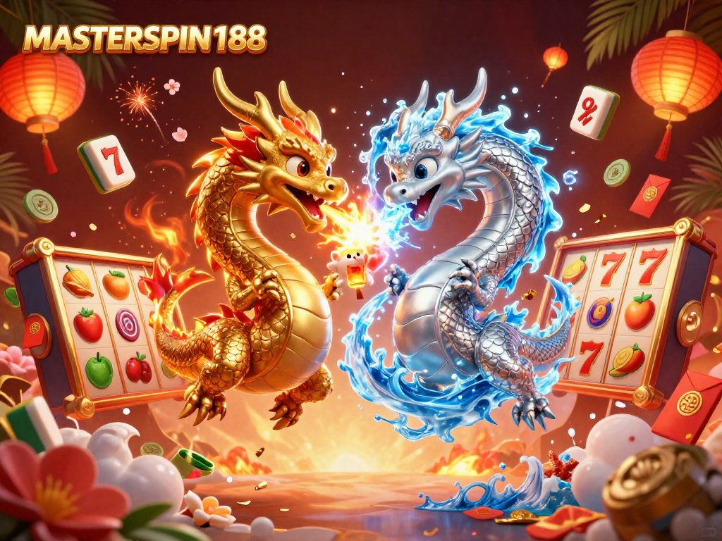 Engage with MASTERSPIN188's 3D dragon battle amidst vibrant casino elements for gaming excitement.