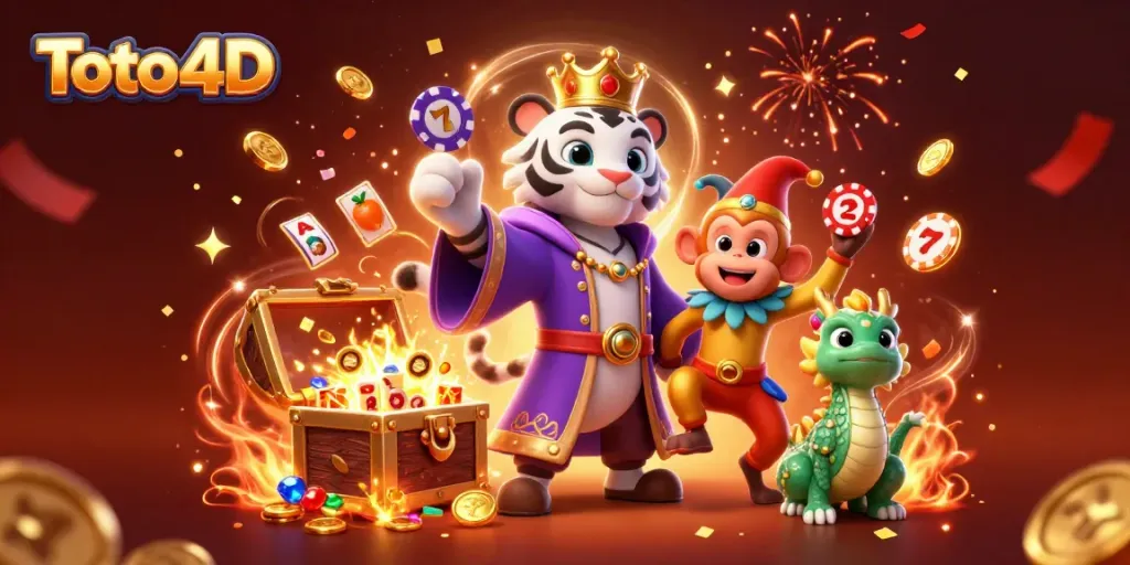 Toto 4D menampilkan gambar kartun 3D harimau putih, monyet emas, dan naga hijau dalam suasana meriah judi.