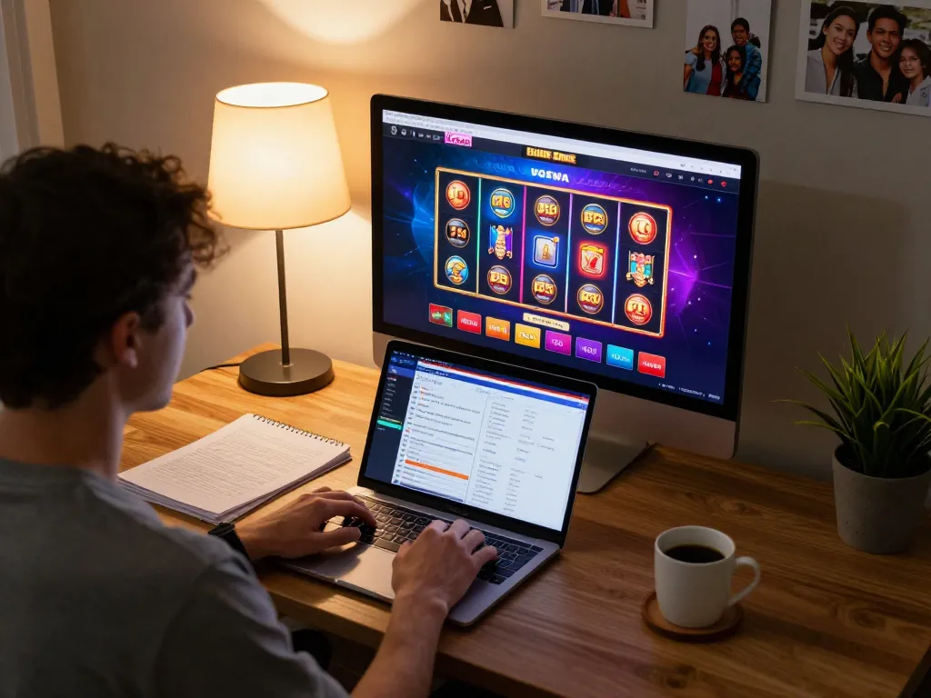 Engaging in UGDEWA online slot games on a cozy laptop setup, highlighting user-friendly interface and strategic notes.