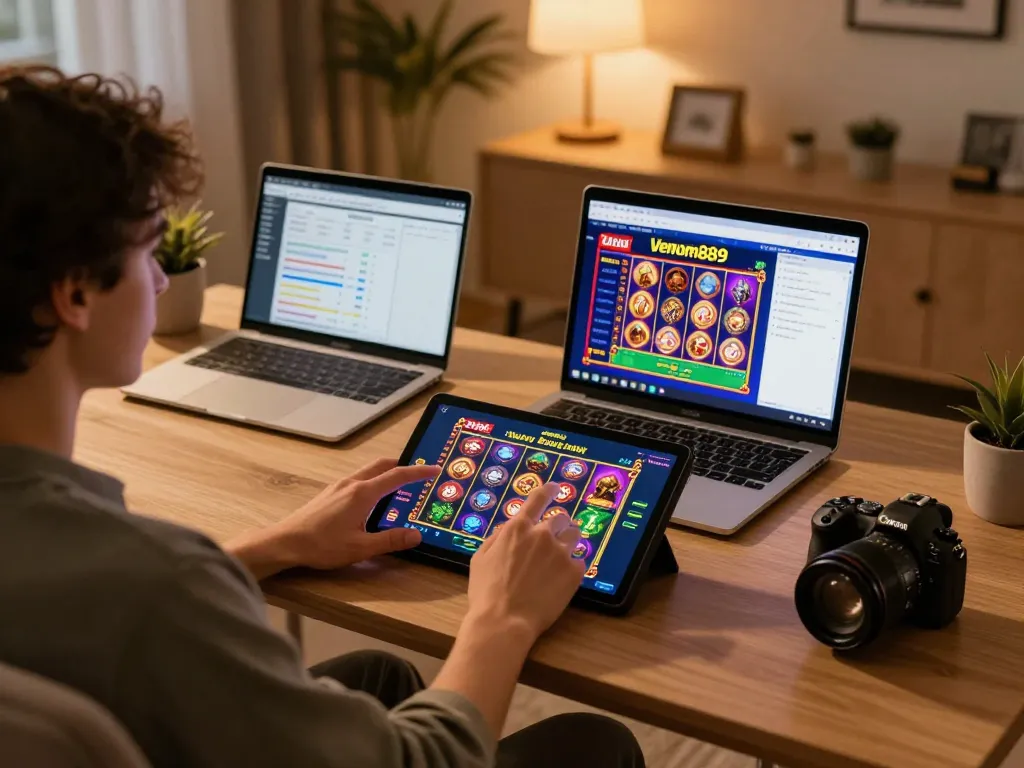 Engaged player spinning reels on Venom889 app in cozy home gaming setup with modern decor.