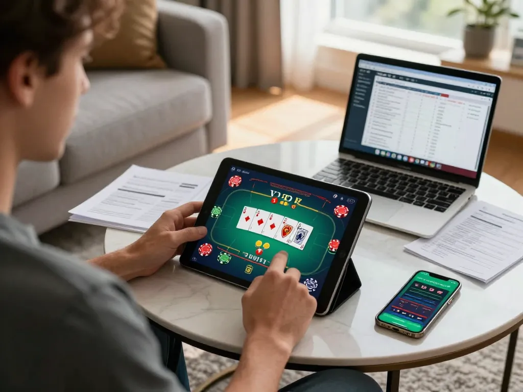 Engaging with trang chủ 33win through a vibrant poker game on a tablet.