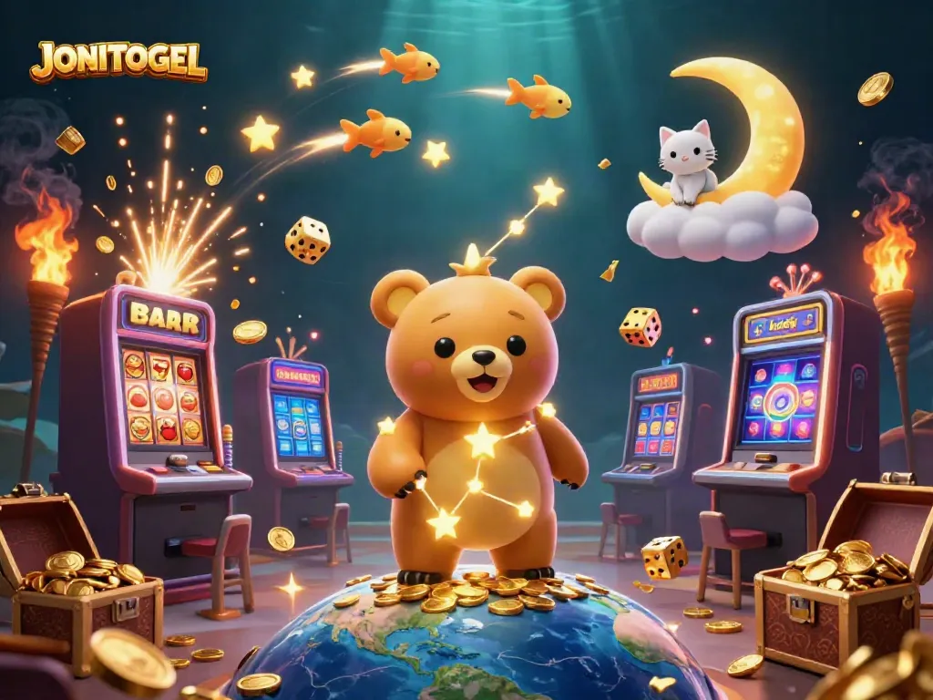 Engage in thrilling gaming with JONITOGEL's 3D casino adventure featuring starry characters and vibrant slot elements.