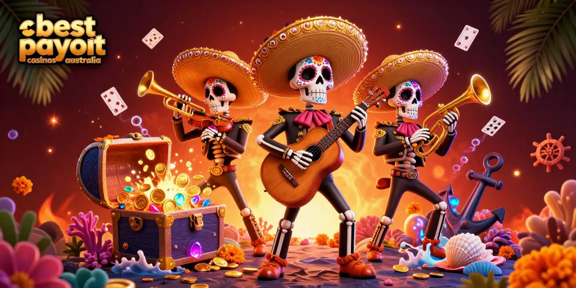 Experience the excitement of the best payout casinos Australia with colorful mariachi band and casino game elements.