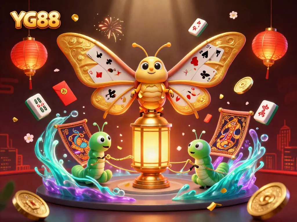 Engage with YG88's colorful casino world featuring an atlas moth, golden lanterns, and vibrant game elements.