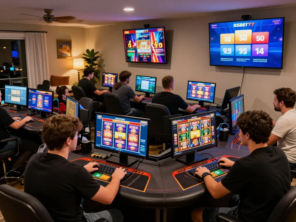 Players enjoying dynamic online gaming experience with ssbet77 app on their devices, surrounded by vibrant atmosphere.