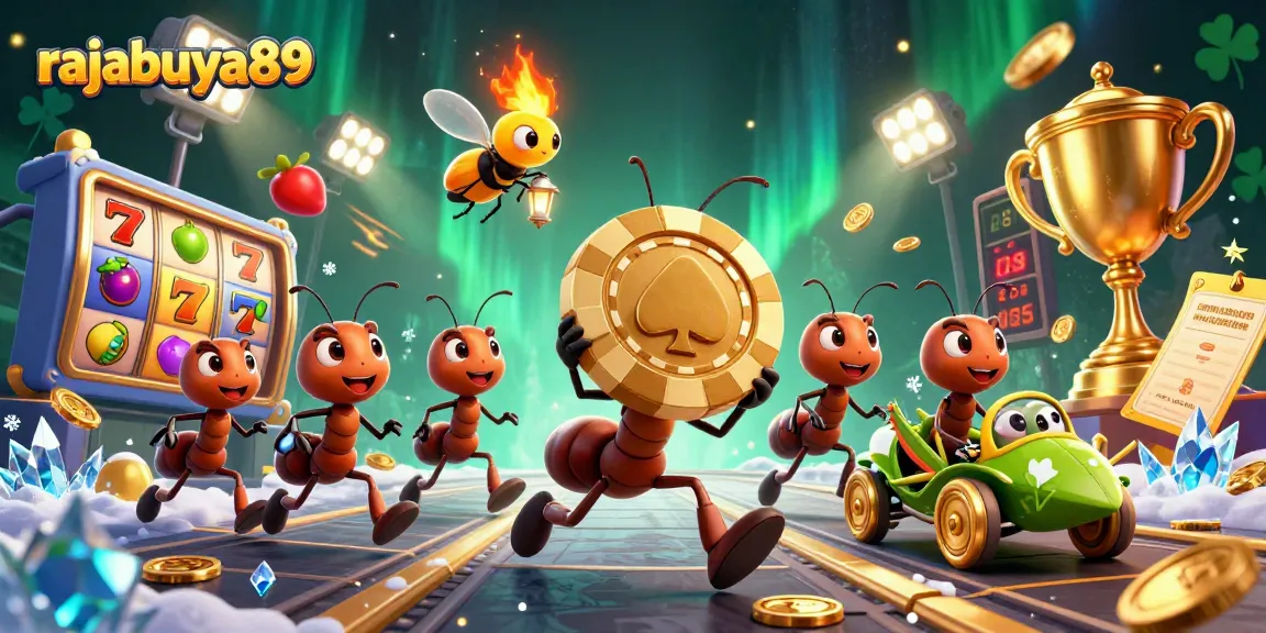 Experience the thrill at rajabuya89 as cartoon ants make a heist with a massive golden poker chip in vibrant casino elements.