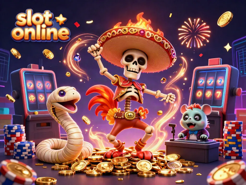 Bermain slot online dengan karakter kartun meriah: ayam mariachi, ular mumi, dan hamster DJ di tumpukan koin emas.