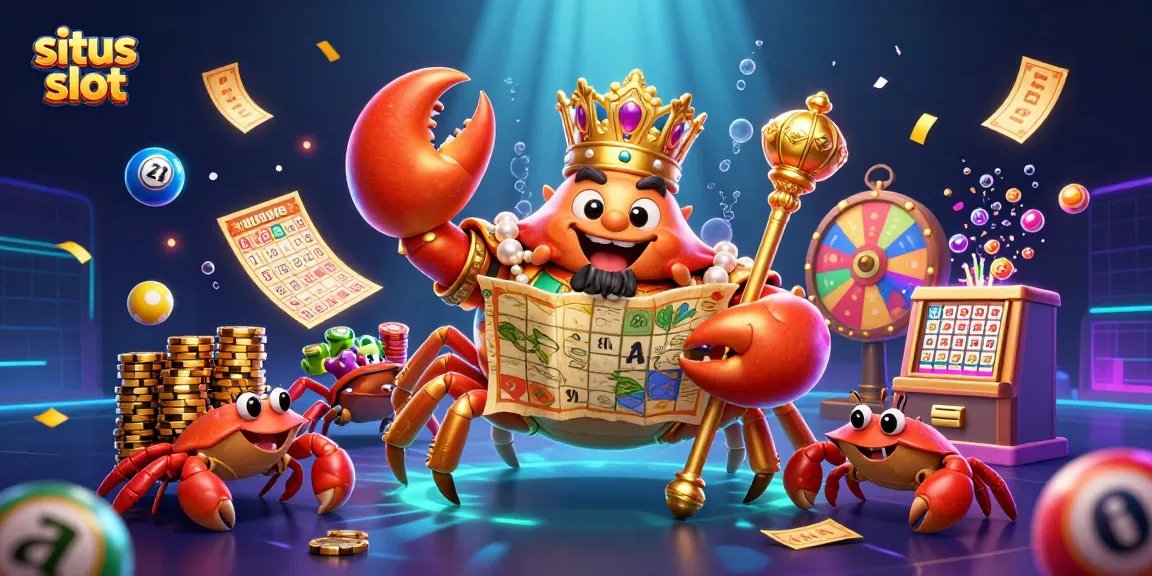 Engage in situs slot action with vibrant lottery balls and a golden crab emperor amidst festive casino elements.