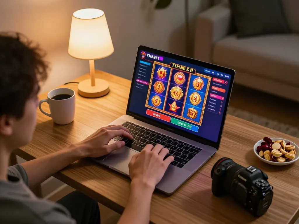 Engaged player enjoying Thabet online casino games from a cozy home setup with laptop.