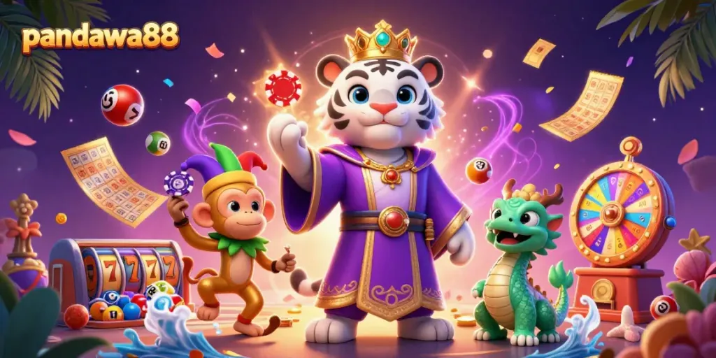 Ilustrasi kasino 3D yang menarik menggambarkan pandawa88 beruntung dengan simbol slot dan lotere.