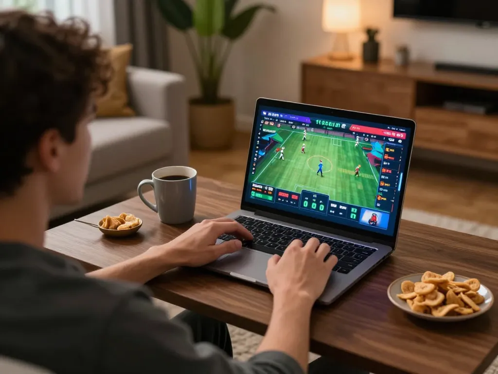 Enjoying online betting experience at ck444s.net with live sports scores on laptop in cozy home