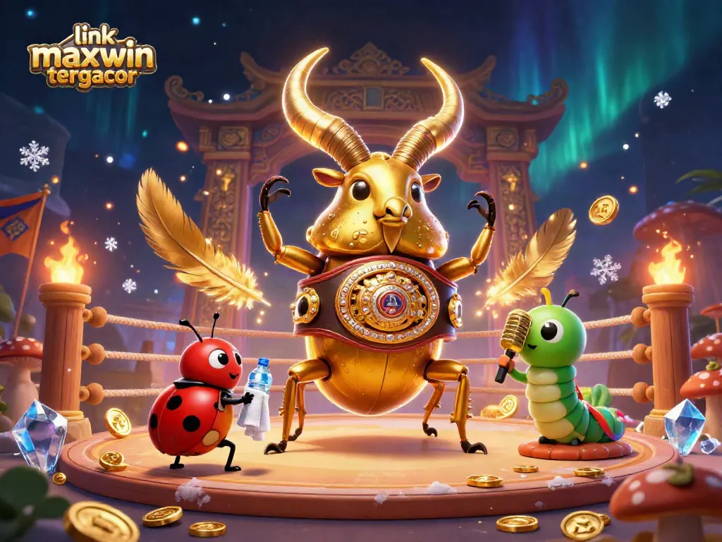 Engage with thrilling action in the link maxwin tergacor arena featuring an epic showdown between a golden stag beetle champion and whimsical characters.