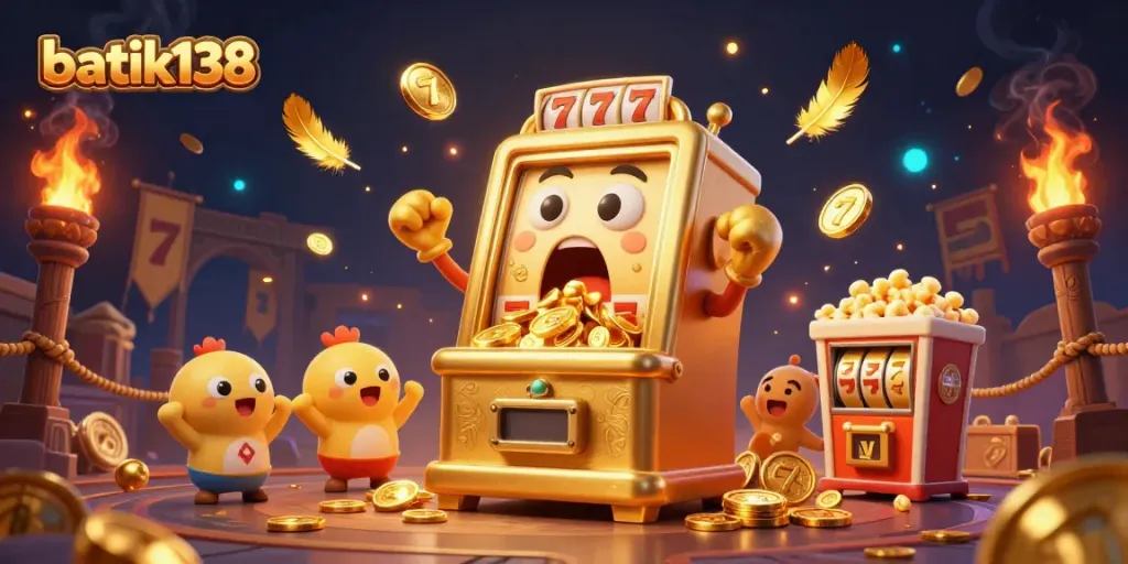 Mesin slot batik138 menang jackpot dengan koin berhamburan, menyenangkan dalam suasana kasino.