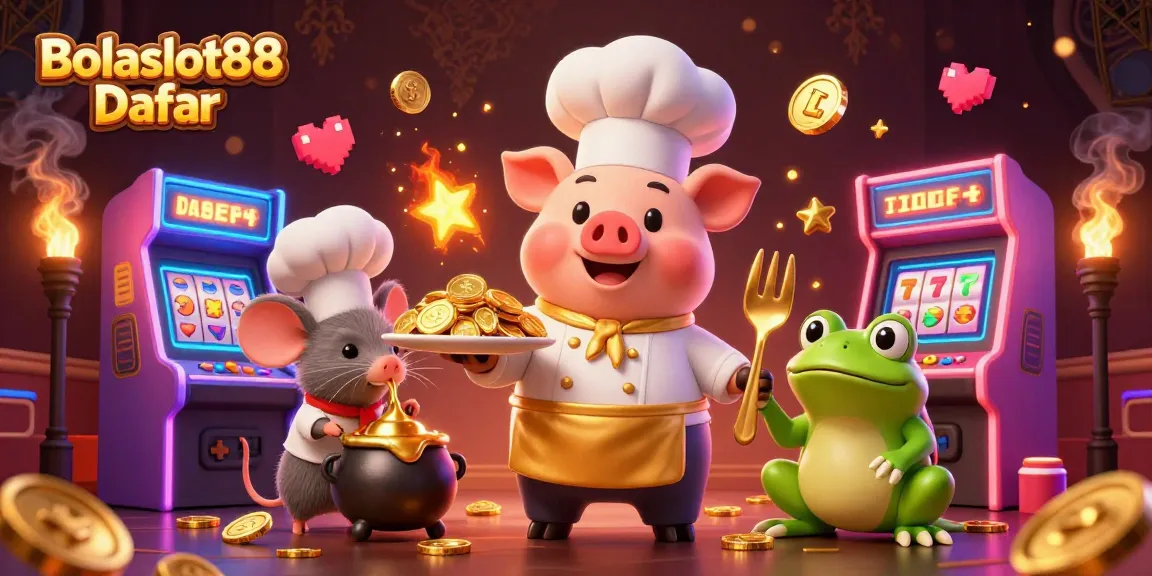 Bolaslot88 Daftar showcases a vibrant casino scene with a cartoon chef pig serving golden coins amid slot machines and colorful gaming icons.