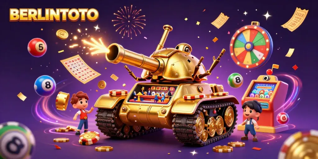 Experience the thrill of BERLINTOTO with a vibrant 3D illustration showcasing dynamic casino elements and festive action.