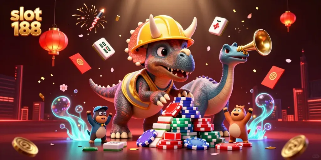 Permainan slot 188, dengan triceratops membangun tumpukan chip poker di tengah perayaan.