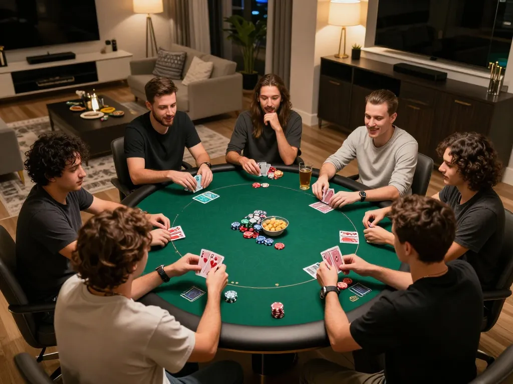 MPOID players engaging in a lively poker game at a home setting with chips and cards.