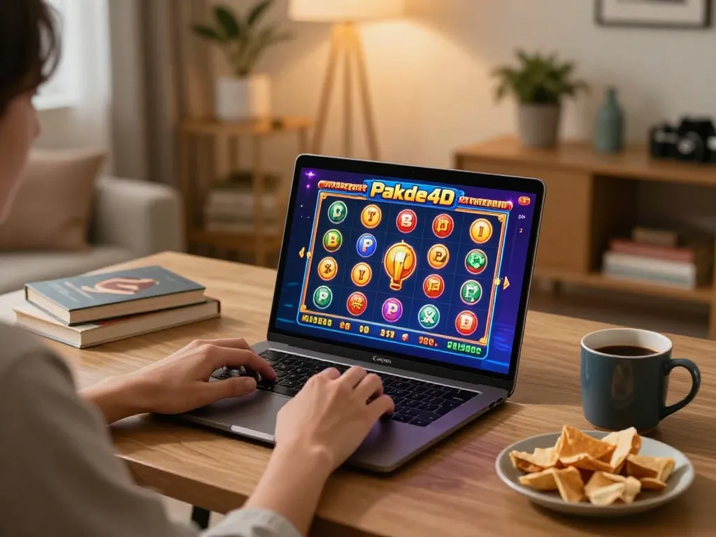 Engaging Pakde4D gaming experience on a laptop at home, showcasing a lively slot game