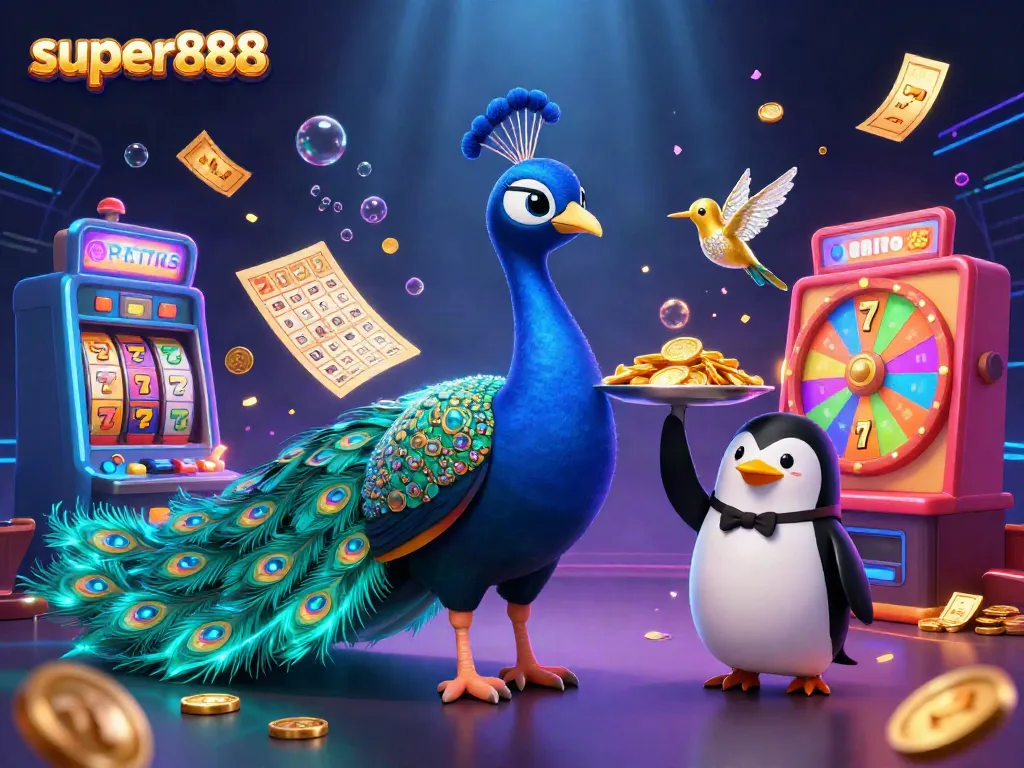 Mainkan Super888 dengan merak berkilauan dan pengantar chip emas dalam suasana kasino yang meriah.