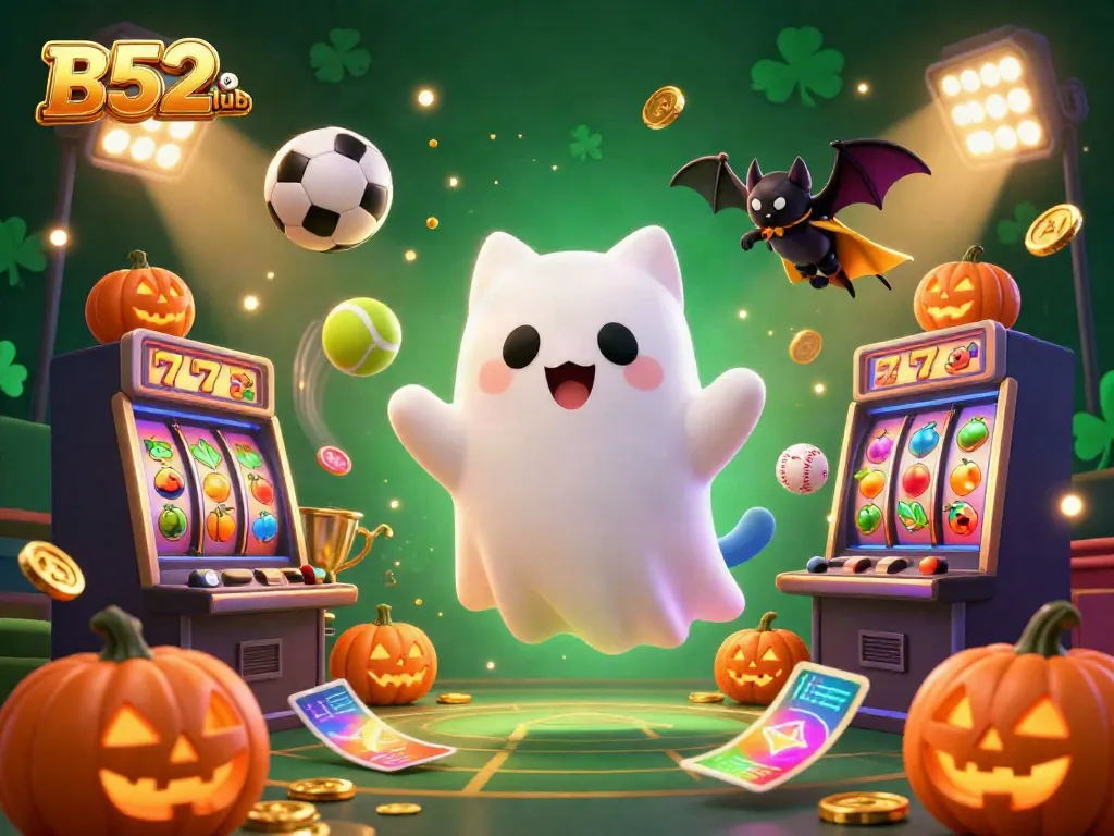 Experience the excitement of B52club with a lively ghost cat and sports imagery.