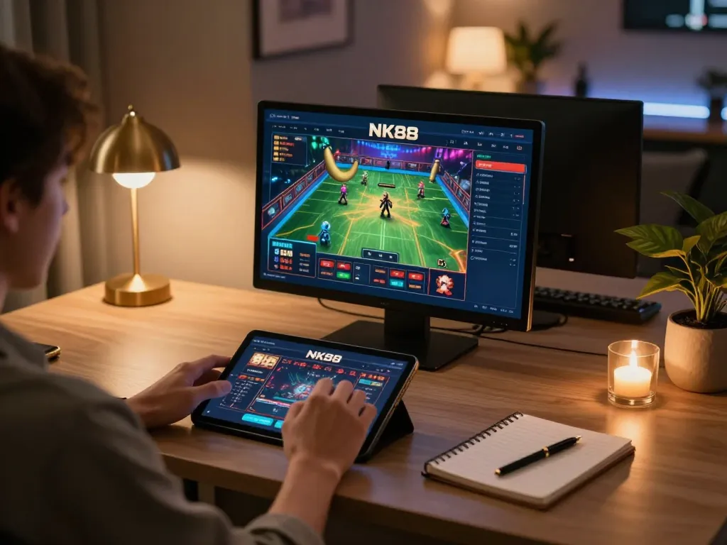 Player engaging in NK88 online casino gameplay with tablet, showcasing a modern gaming setup.