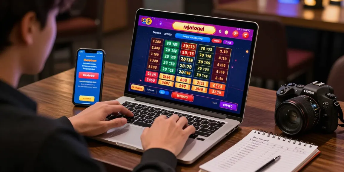 Pengguna rajatogel sedang terlibat dalam taruhan langsung di platform togel online dengan laptop di meja, catatan strategi dan grafik peluang di layar.