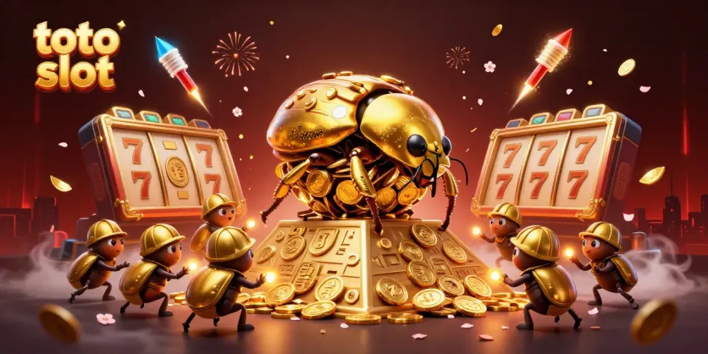 Menggulung bola koin emas, beetle emas dalam permainan toto slot yang penuh warna.