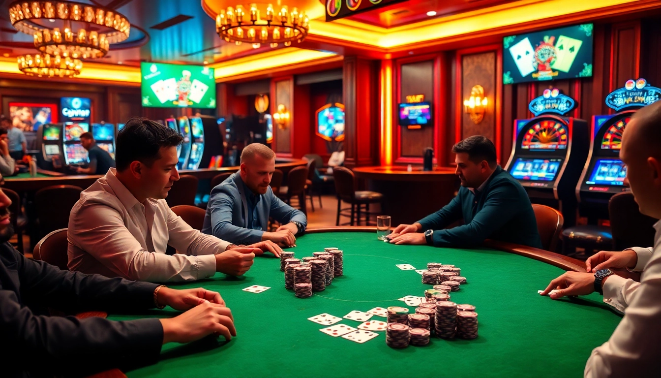Players strategizing in a high-stakes idn poker game with vibrant casino elements.