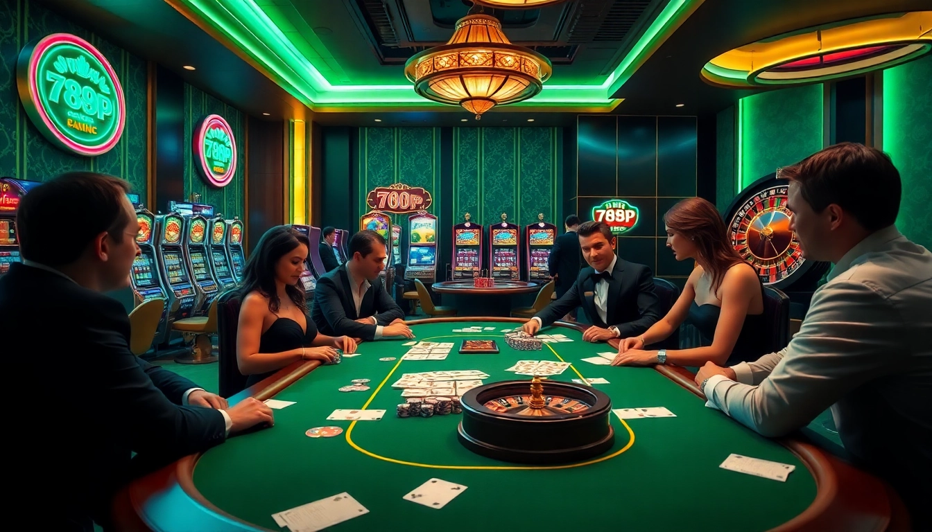 Action shot of a high-stakes poker game at 789p casino, featuring players, chips, and vibrant slot machines.