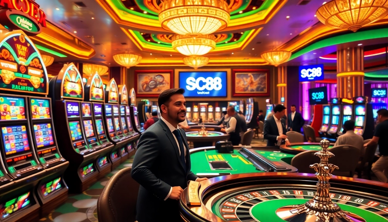 Exciting gaming action at SC88 casino with vibrant slot machines and poker chips.