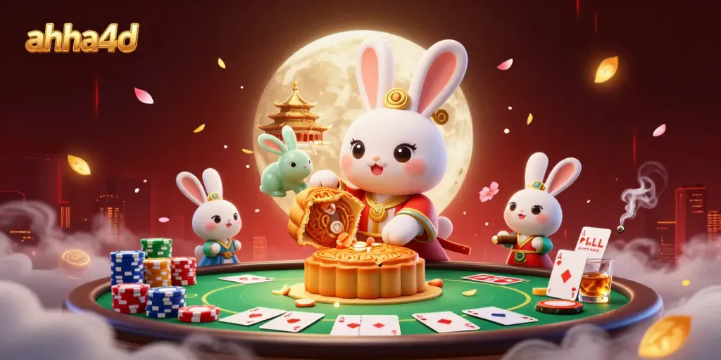 Experience poker action with ahha4d showcased in a lunar-themed 3D illustration featuring vibrant elements.