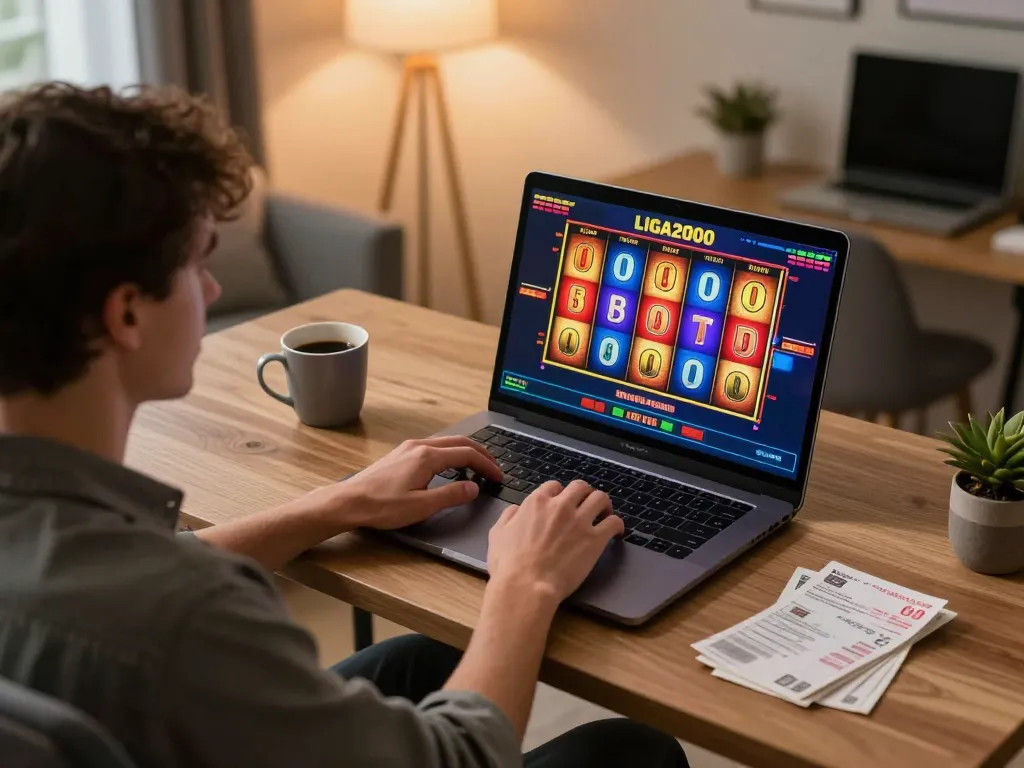 LIGA2000 player engaging with online slots on a laptop in a cozy home office.