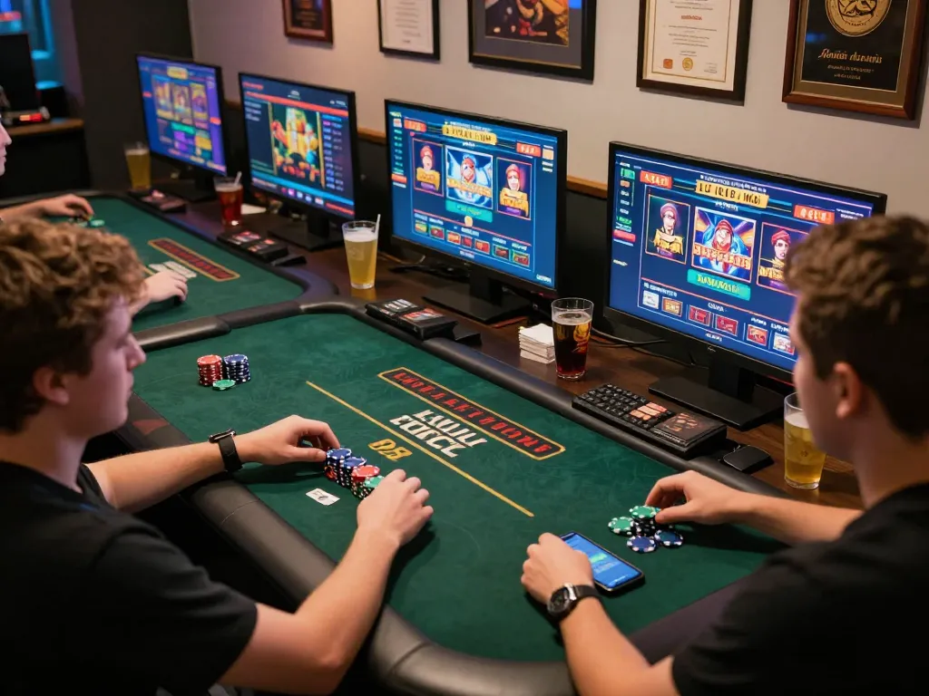 Seorang pemain terlibat di meja dengan berbagai layar untuk permainan situs slot gacor, menunjukkan aksi dan kegembiraan dalam permainan modern.