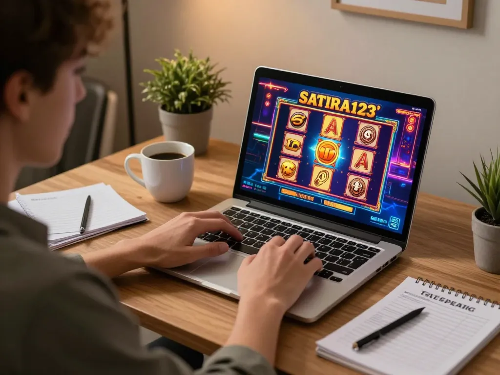 SATRIA123 offers an engaging online slot gaming experience at home, showcasing vibrant game graphics.