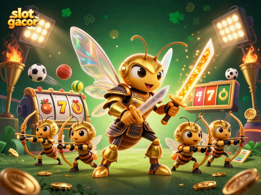 Slot gacor menampilkan hornet emas raksasa berpakaian samurai dalam aksi memukau, dikelilingi elemen kasino.