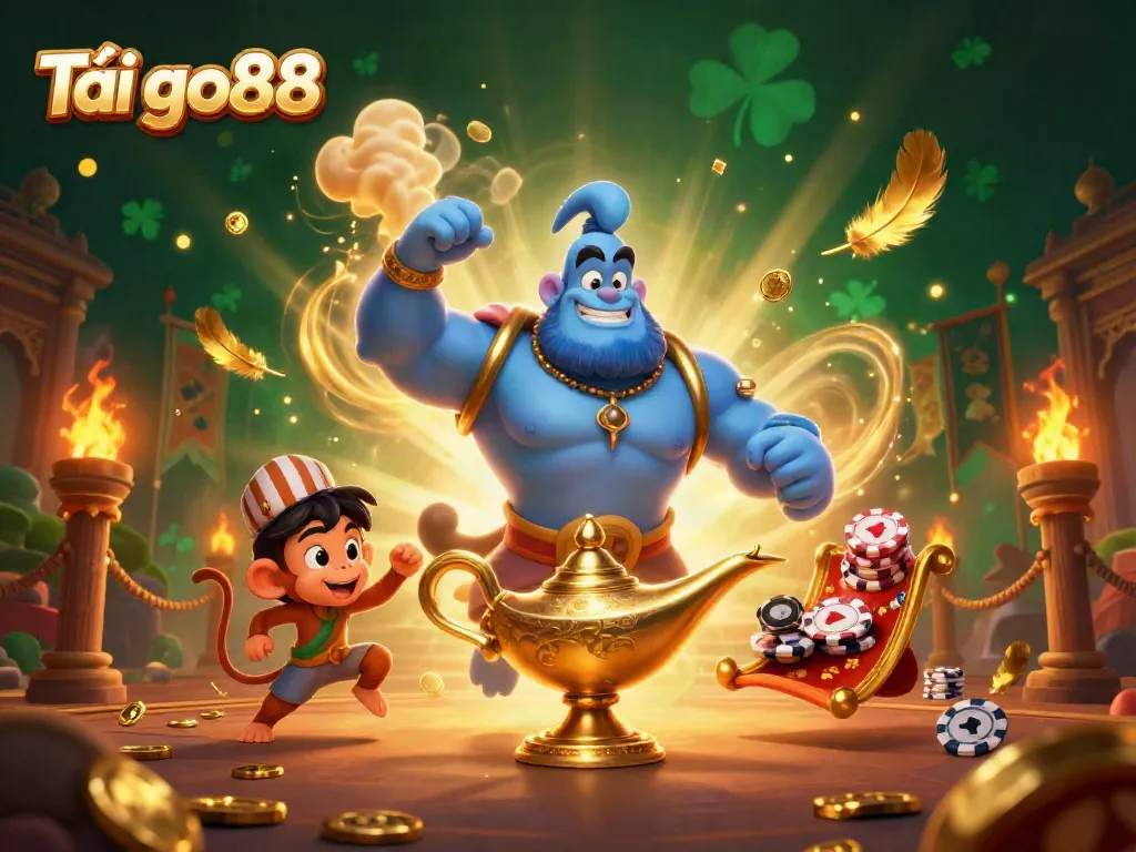 Experience Tải go88 with an immersive 3D casino scene featuring magical elements and casino games.