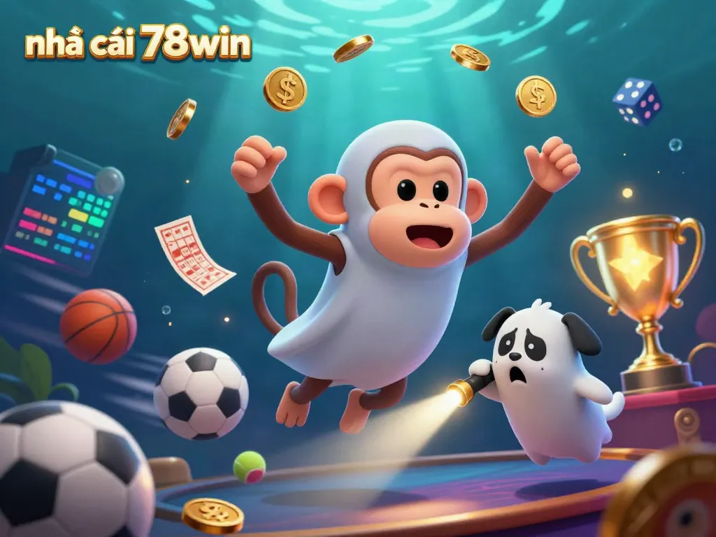 Engage with nhà cái 78win in a thrilling casino scene featuring a mischievous monkey and a curious puppy.
